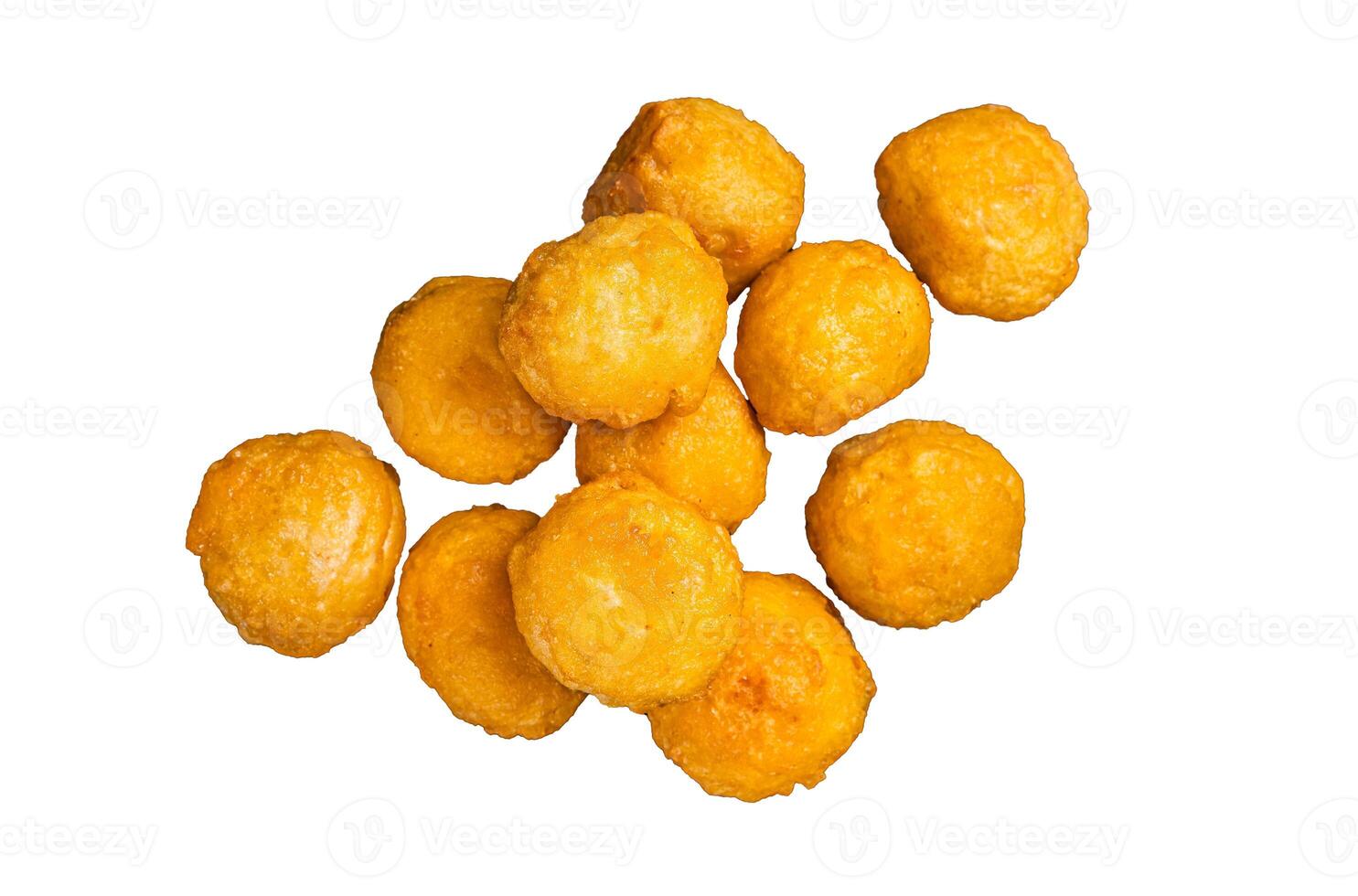 Creamy Mashed Potato Croquettes with Cheese served on a marble board. Isolated, white background. photo