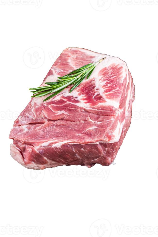 Pork neck raw meat for fresh Chop steaks on wooden cutting board with butcher cleaver. High quality Isolate, white background. photo