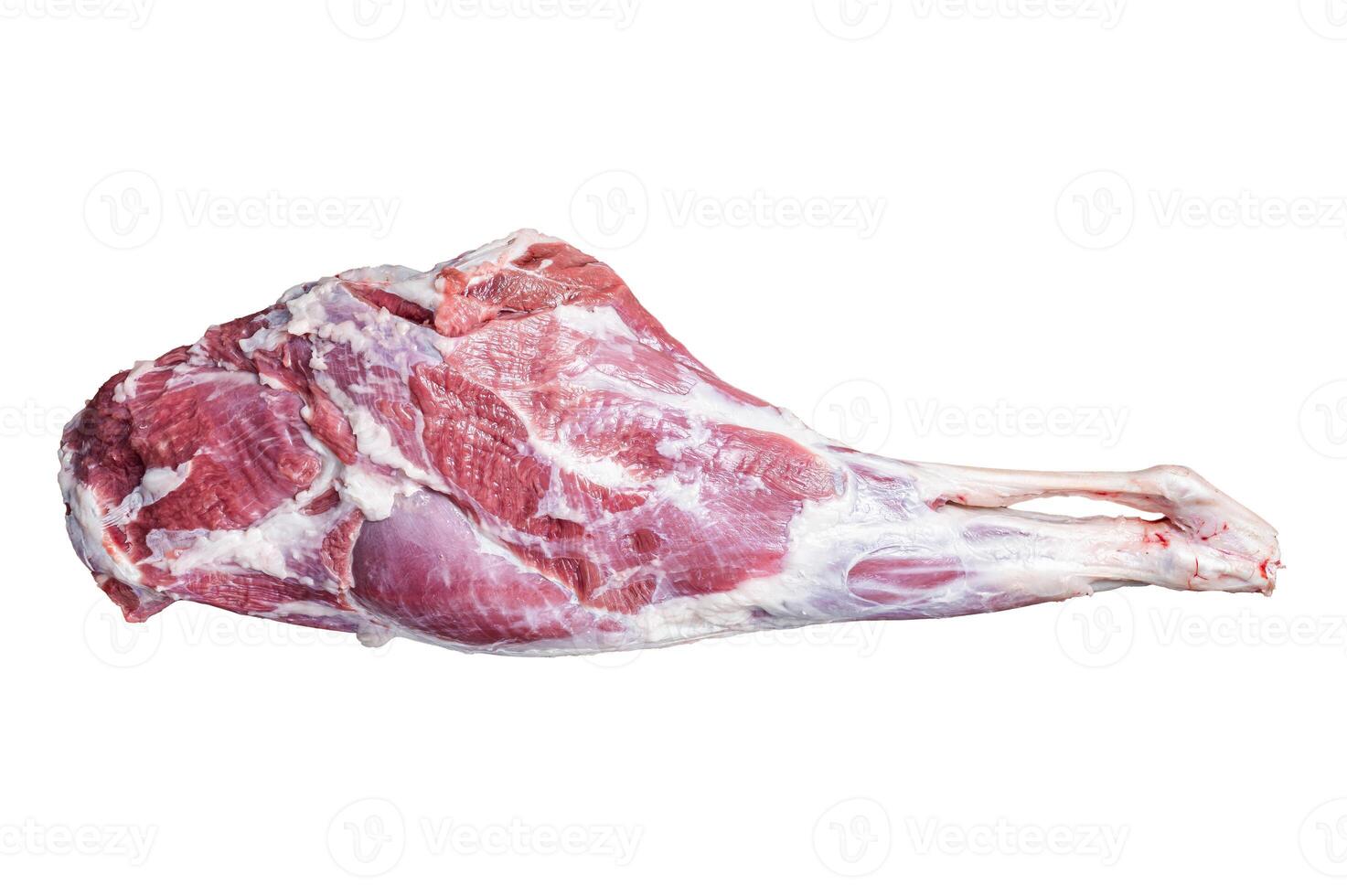 Mutton meat. Raw whole lamb leg thigh on butcher board. Isolated on white background. photo
