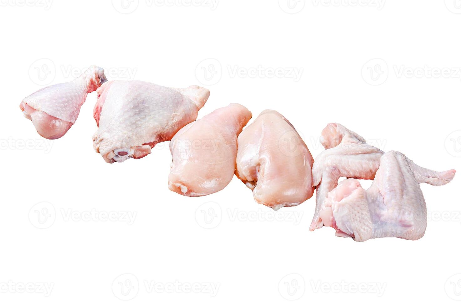 Different types of raw chicken meat, poultry. Isolated on white background. Top view. photo