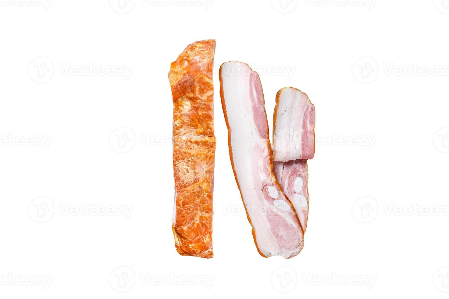 Smoked pork belly bacon block. Isolated on white background, Top view. photo