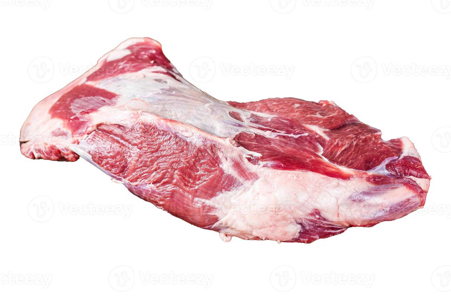 Raw lamb mutton shoulder meat on the bone Isolated on white background, top view. photo