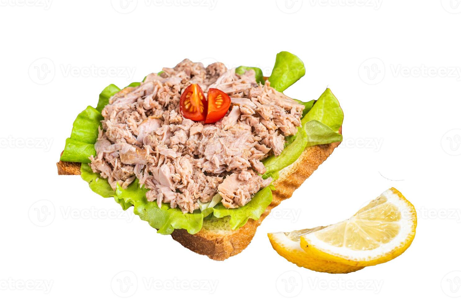 Toast with Canned Tuna fish fillet and salad. Isolated, white background. photo