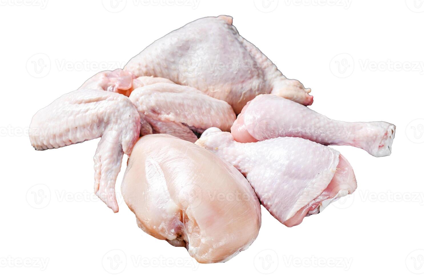 Raw chicken portions for cooking and barbecuing with skinless breasts, drumstick and wings. Isolated on white background. Top view. photo