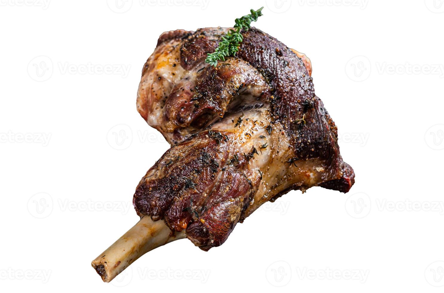 Oven Roasted lamb mutton whole leg with thyme. Isolated on white background photo