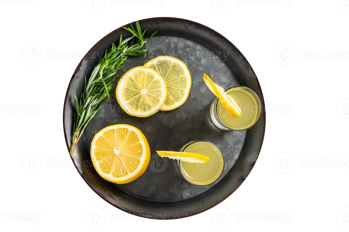 Traditional italian limoncello liqueur, lemon alcohol Digestive with lemon and rosemary. Isolated on white background. photo