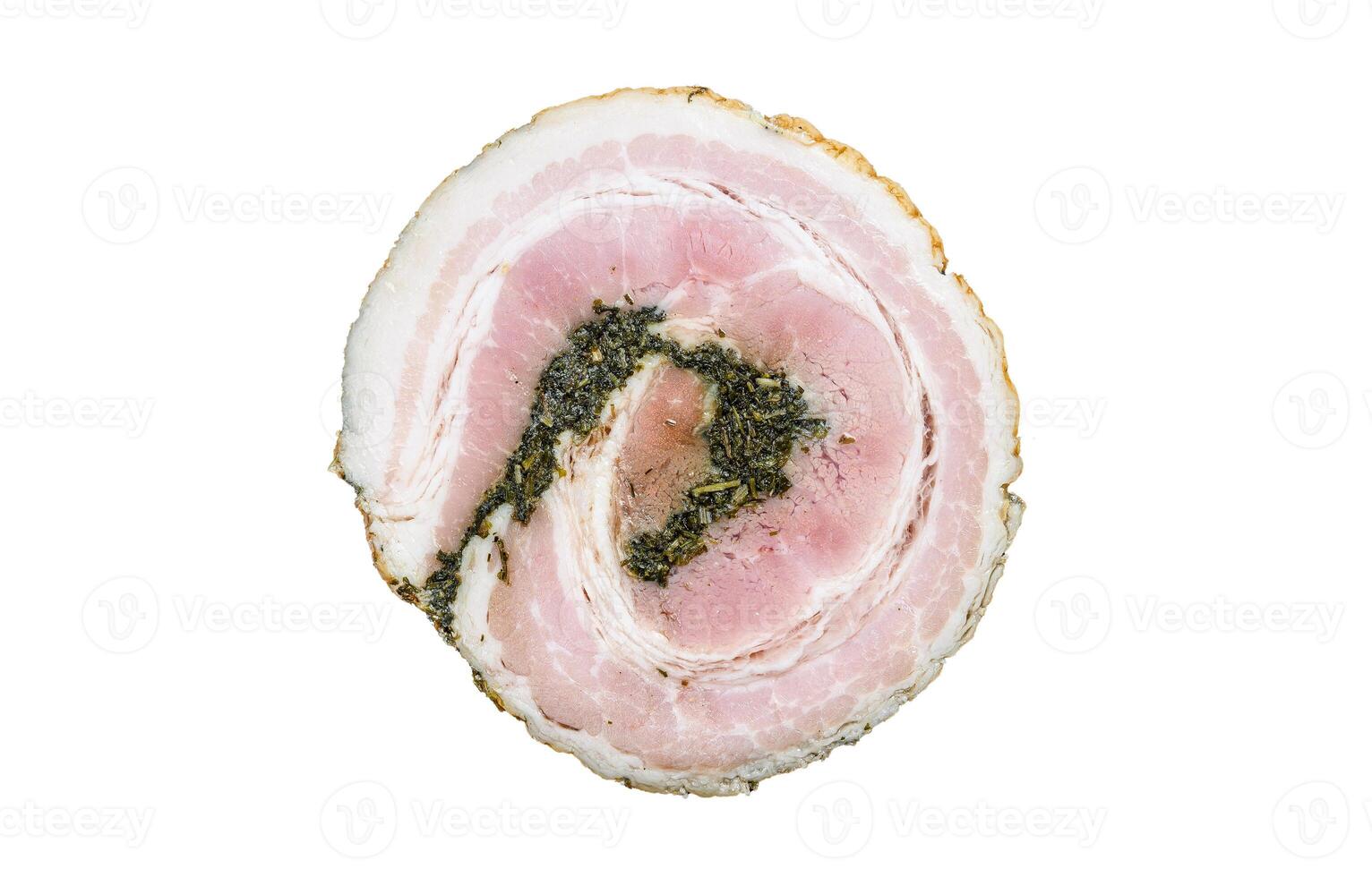 Italian traditional bacon pancetta. Isolated on white background. photo