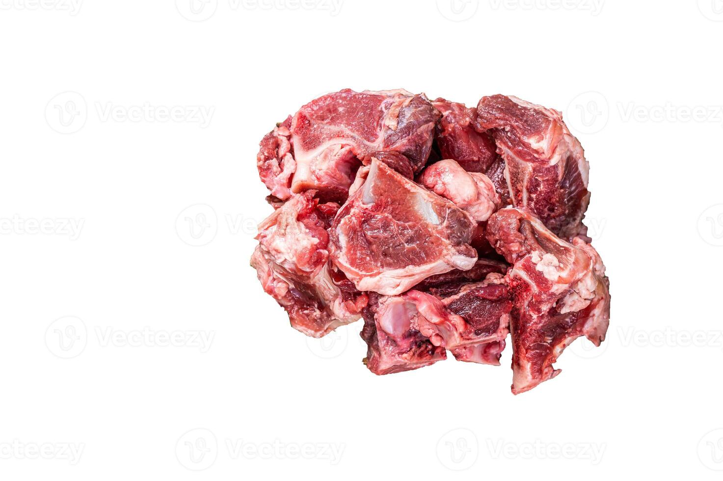 Raw beef meat diced for stew with bone. High quality Isolate, white background. photo