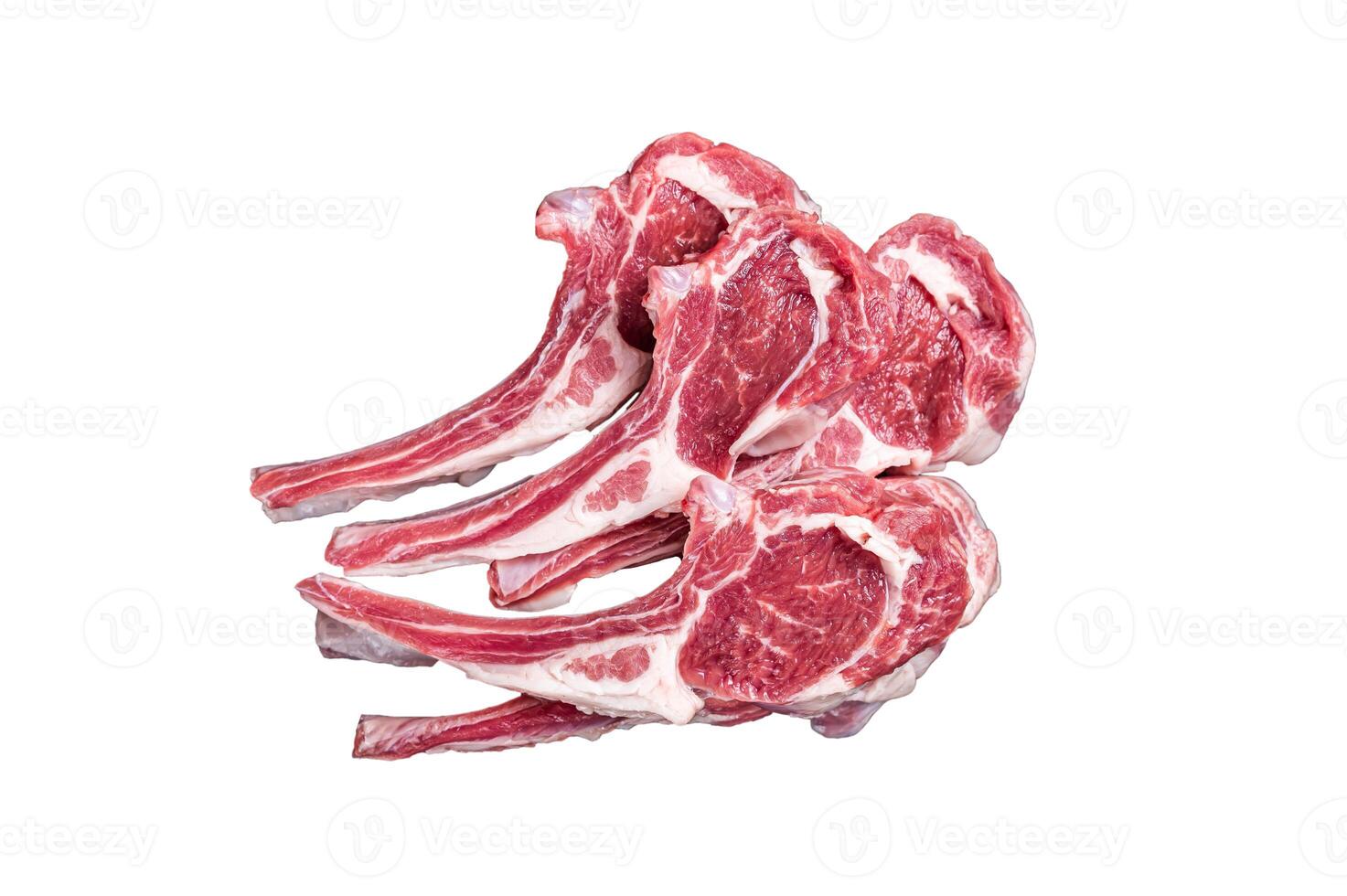 Uncooked lamb mutton chops, raw meat steaks. Isolated on white background photo