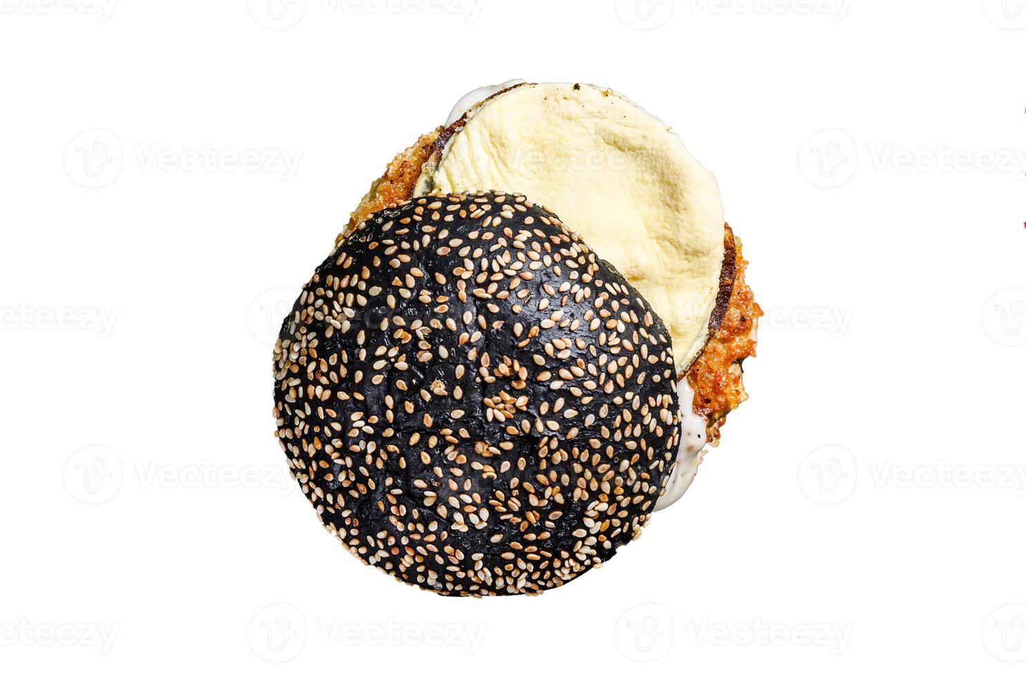 Home craft Burger with a black bun, scrambled eggs, and arugula. Blackburger. Isolated on white background. Top view. photo