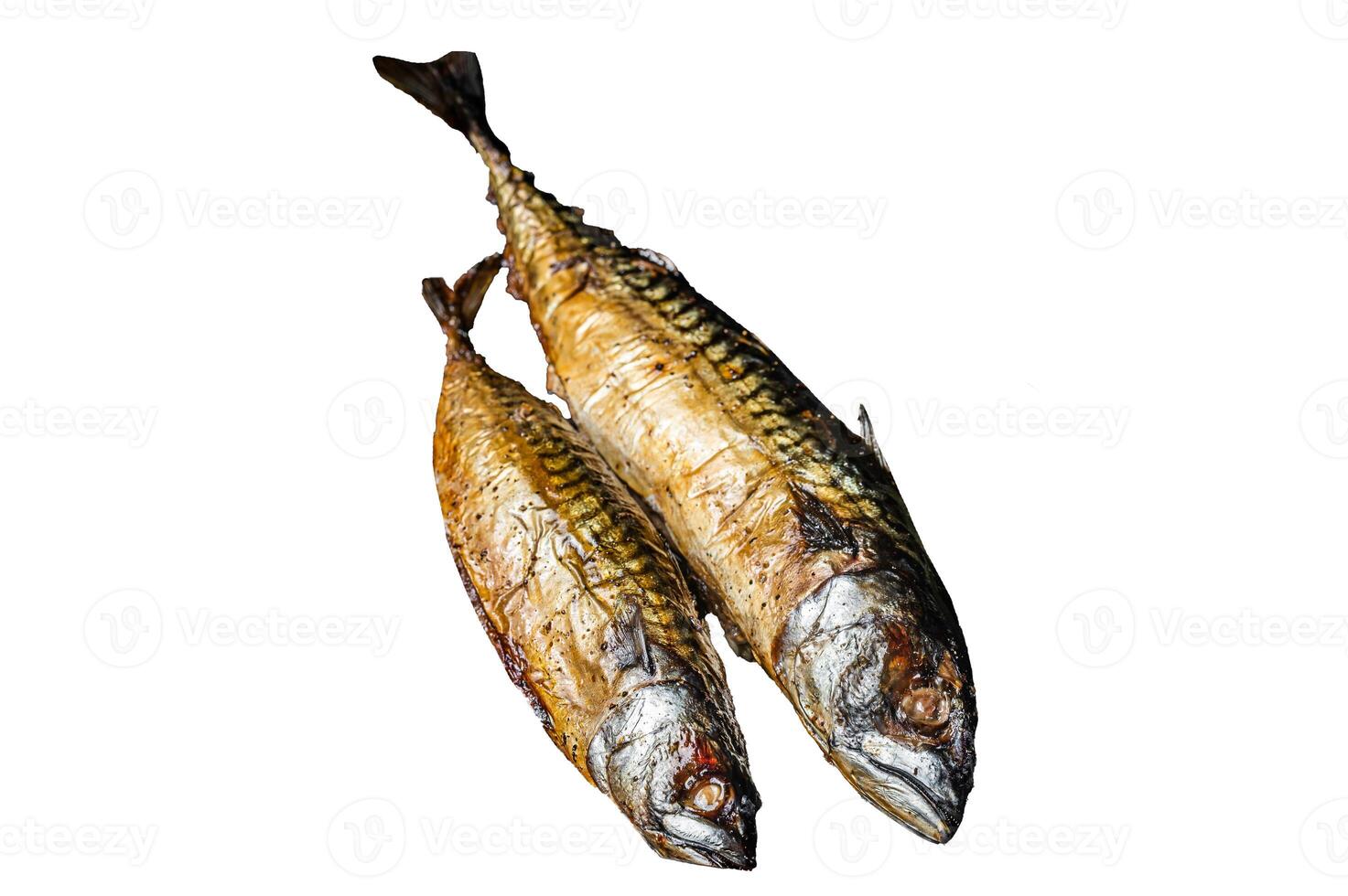 Grilled mackerel fish with lemon, herbs and spices in a skillet. Isolated, white background. photo