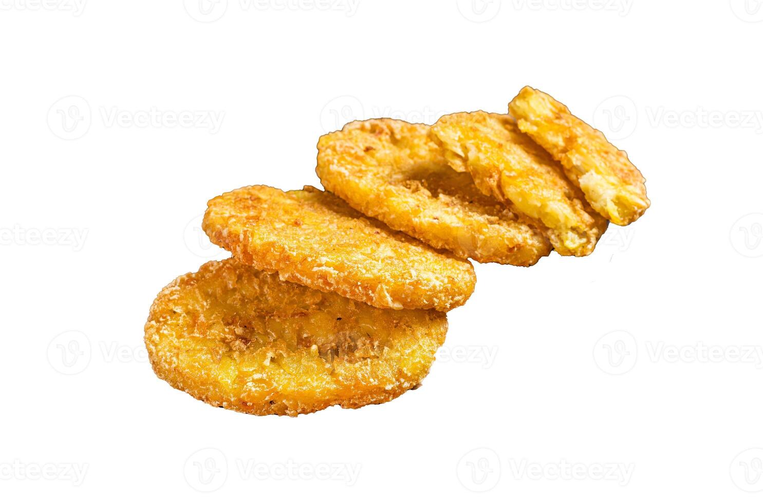 Hash brown potato, Potato Patties on a wooden board with ketchup. Isolated, white background. photo
