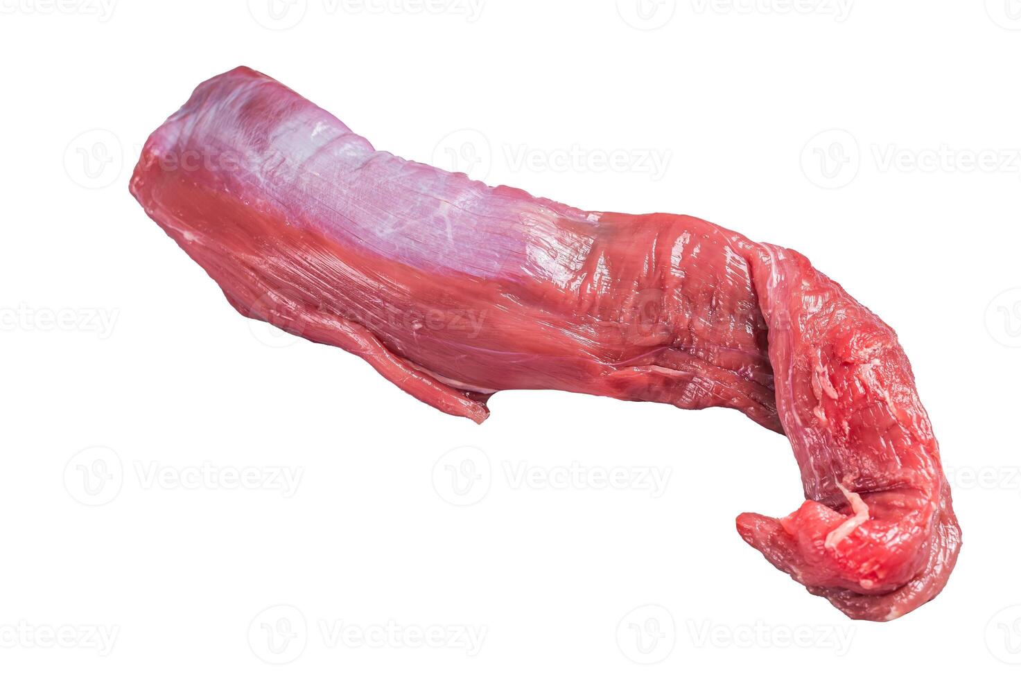 Whole piece of raw beef tenderloin on butcher table. Isolated on white background photo