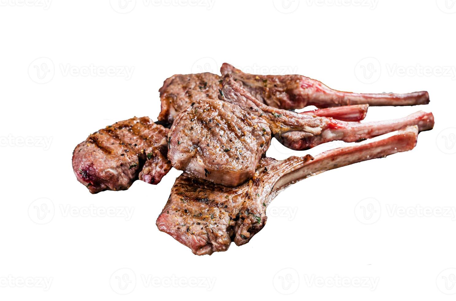 Roasted chops steaks of lamb mutton Isolated on white background, top view. photo