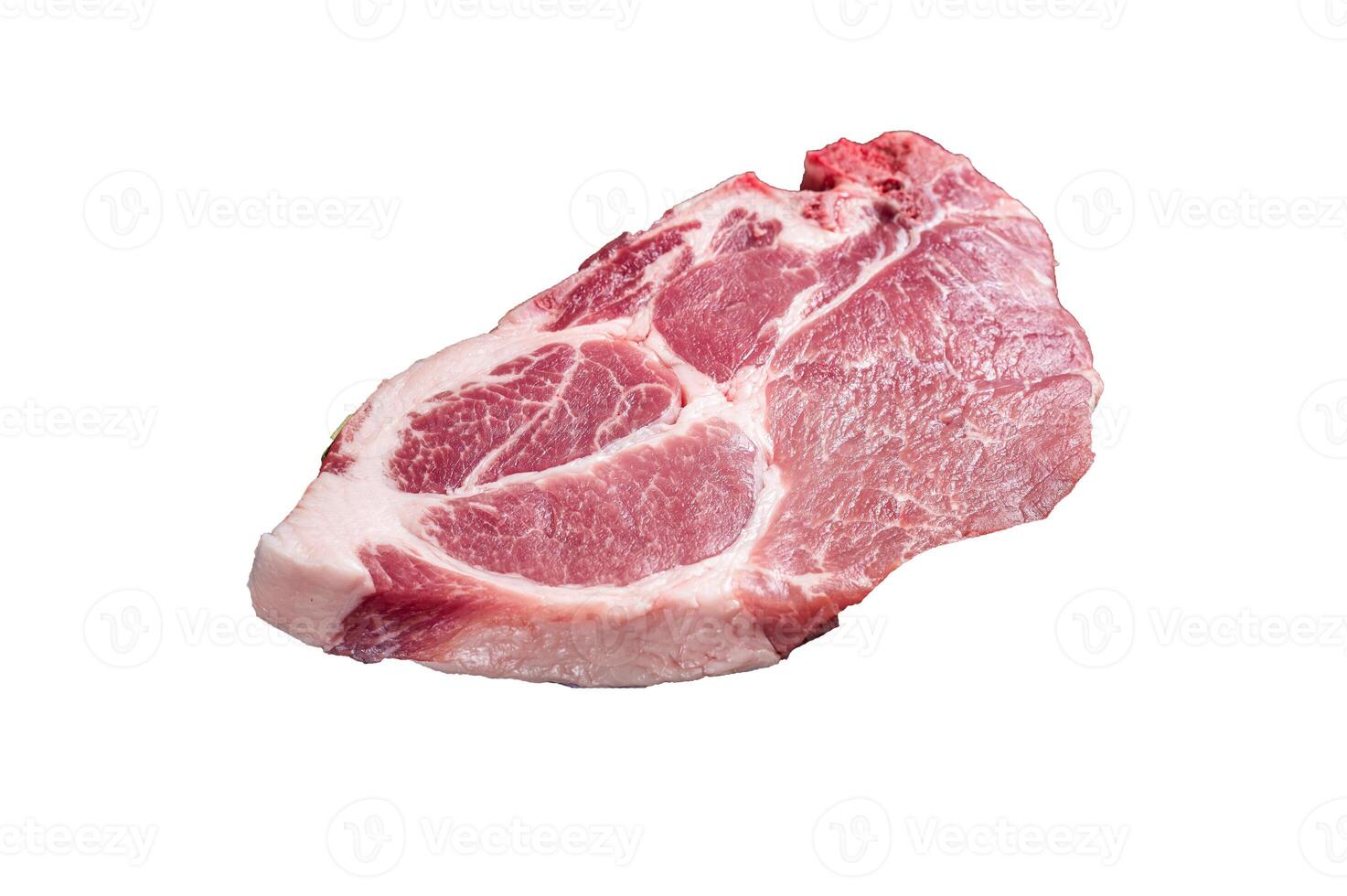 Pork neck steak from raw meat on marble board with herbs. High quality Isolate, white background. photo