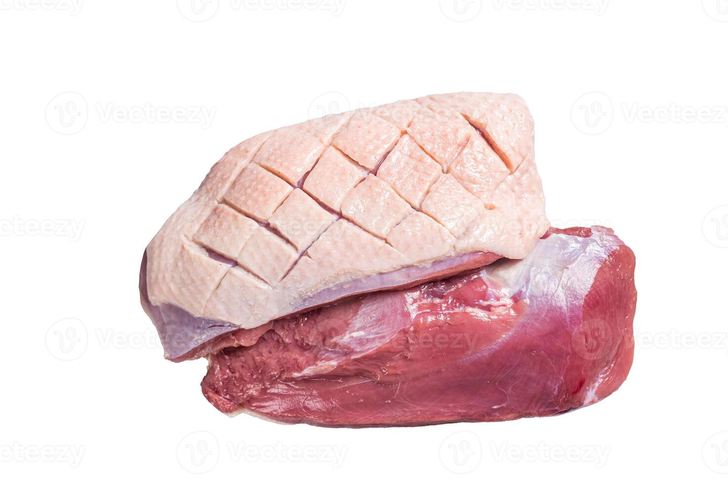 Duck breast fillet on butcher table, raw poultry meat. Isolated on white background. photo