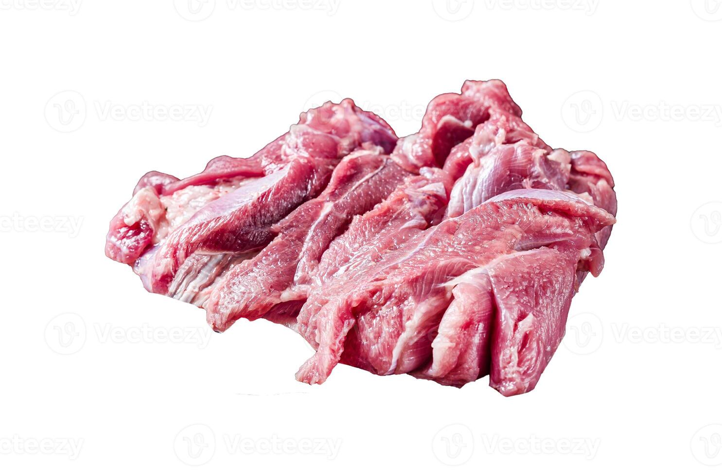Raw Turkey sliced fillet meat ready for cooking. Isolated, white background. photo