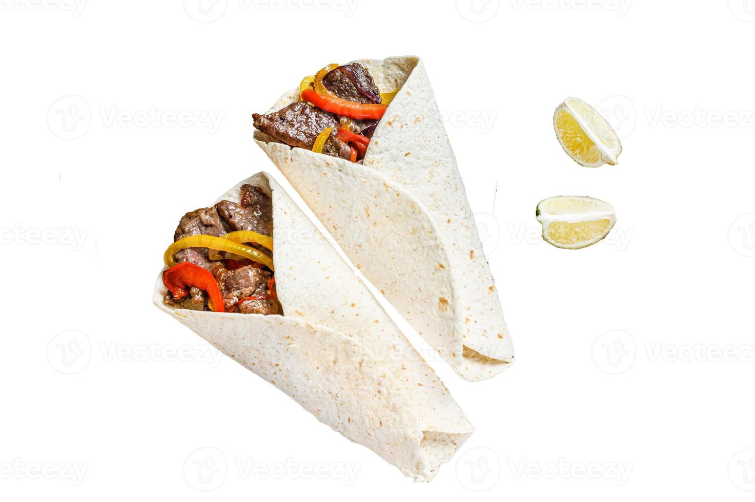 Fajitas Tortilla wrap with beef meat stripes, colored bell pepper and onions and salsa. Isolated on white background, Top view. photo