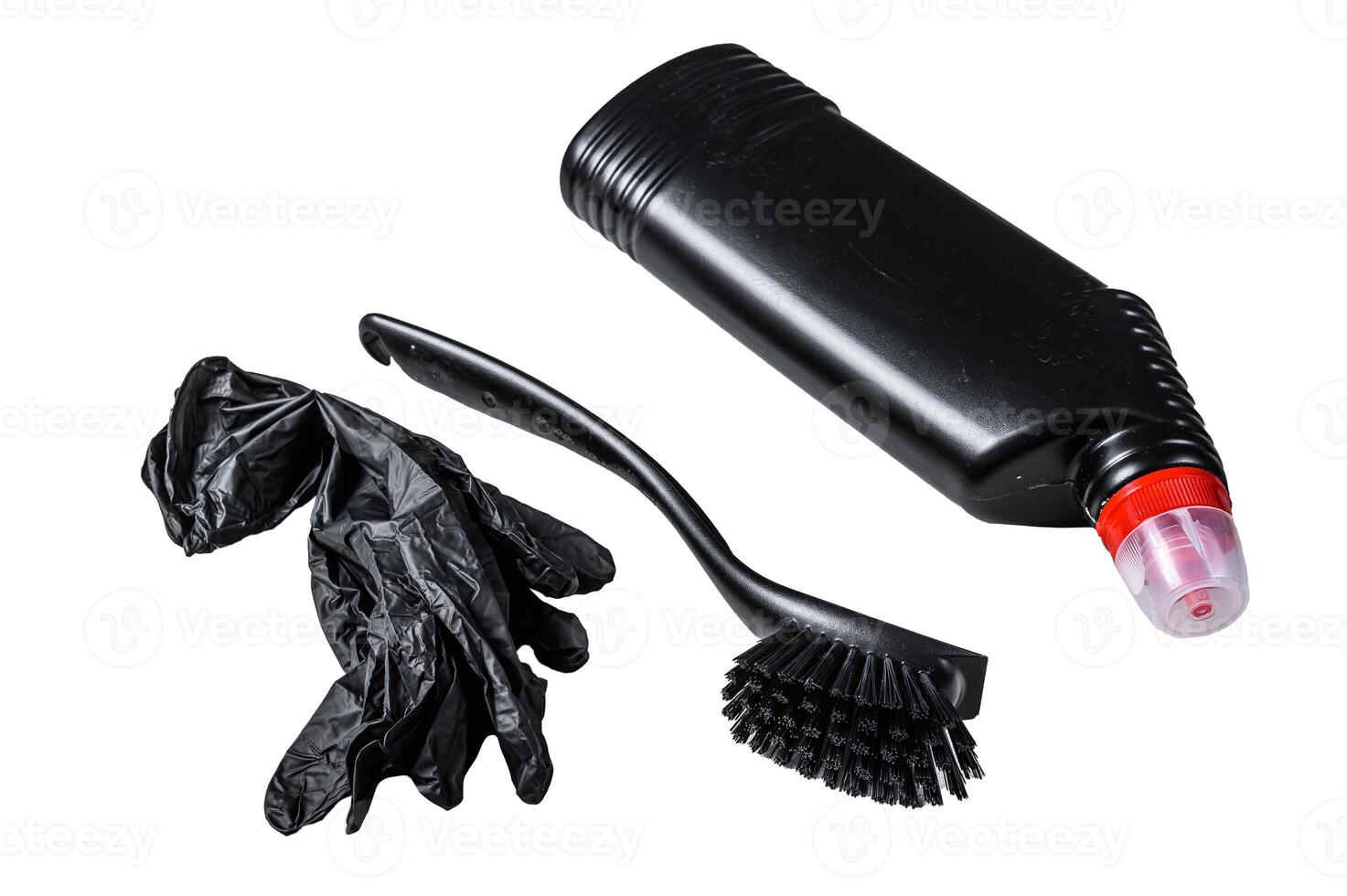 Black style toilet cleaning supplies, housecleaning. Isolated on white background. photo