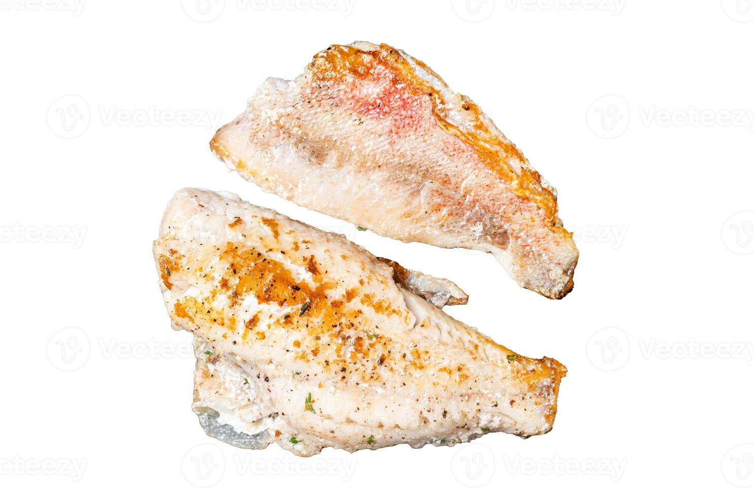Roasted ocean red perch fillet with olive oil, thyme and spices. Isolated, white background. photo