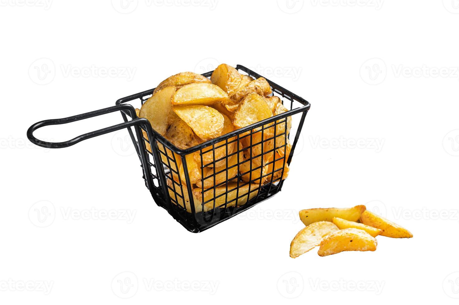 Dip fried potato wedges with rosemary and tomato sauce in a basket. Isolated, white background. photo