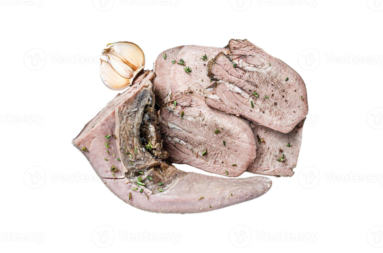 Cooked Boiled veal or beef tongue sliced in a wooden tray. Isolated on white background. photo