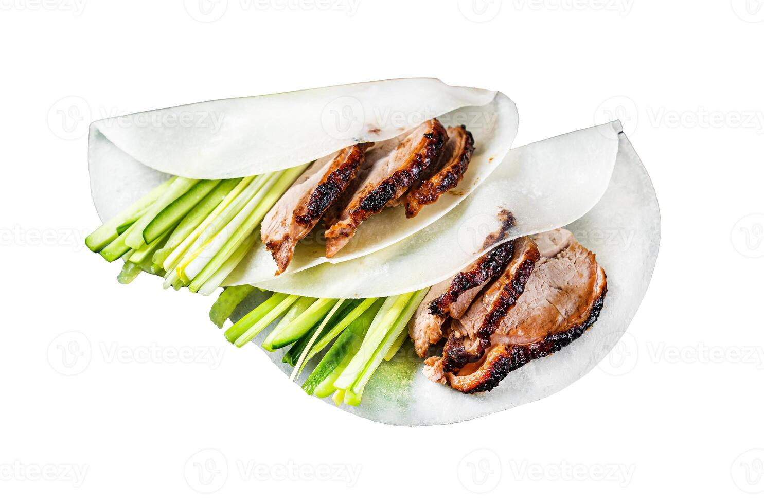 Traditional served Peking Duck with cucumber, green onion, in wheaten chinese pancakes. Isolated, white background. photo