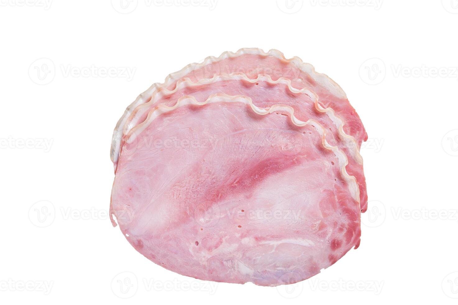 Fresh pork ham slices on kitchen table. Isolated on white background. photo