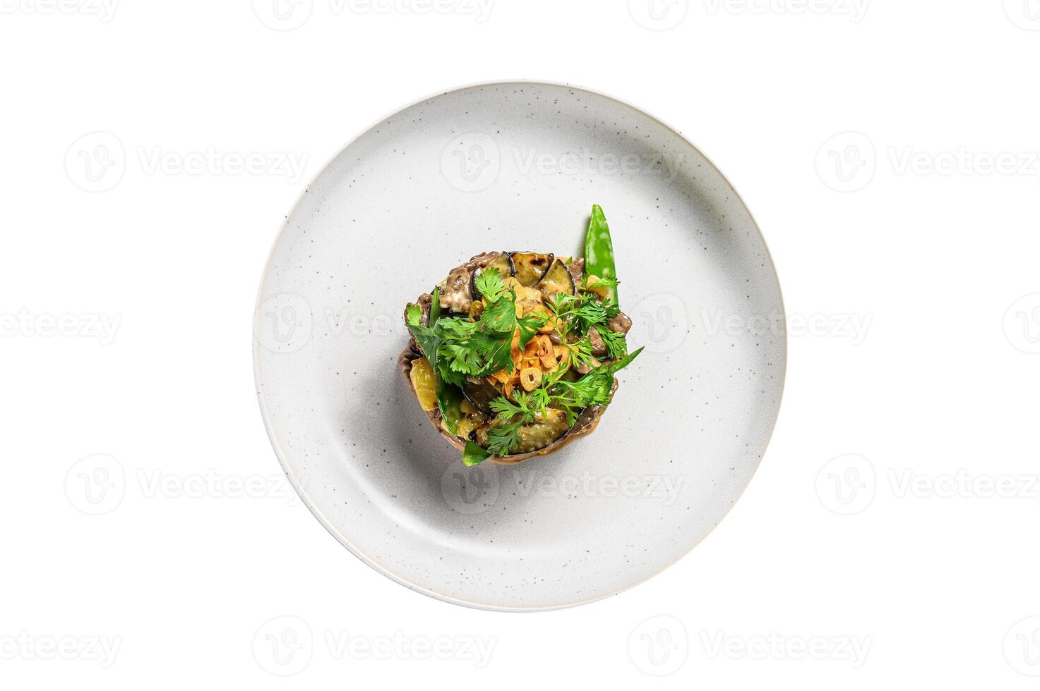 Spicy Beef Slices Meat Salad with Carrots, Tomatoes, Cucumber, Parsley and Salad leaves Spinach. Isolated on white background. photo