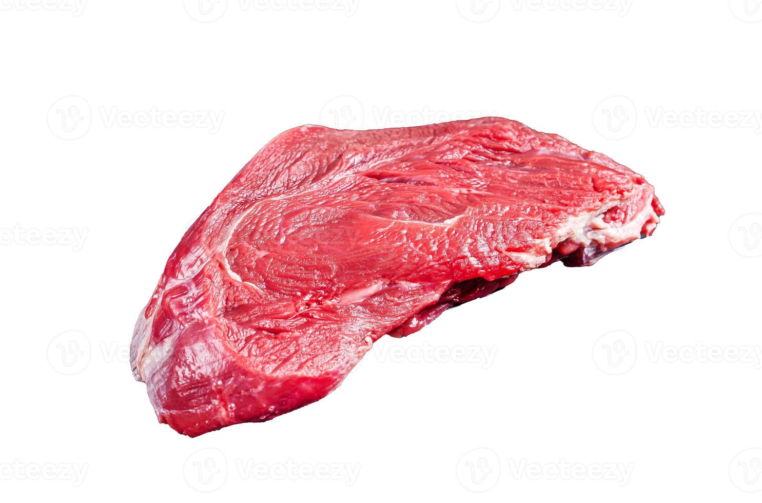 Raw beef meat piece for grilling with spices. Isolated, white background. photo