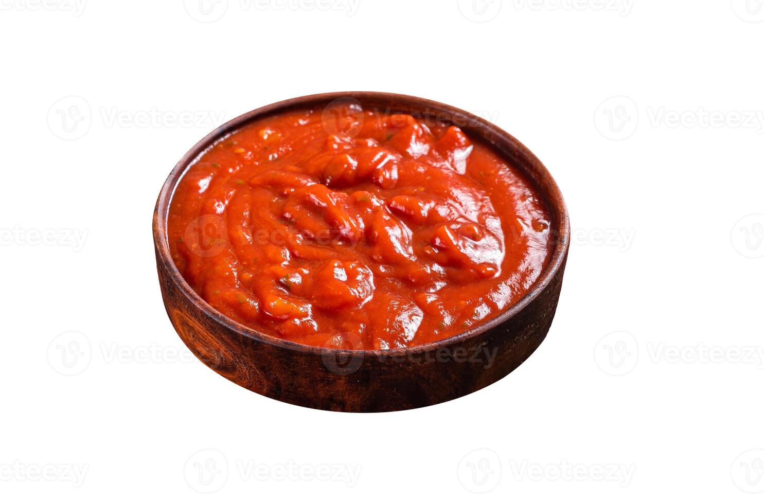Tomato sauce passata - traditional sauce for italian cuisine. Isolated on white background. Top view. photo
