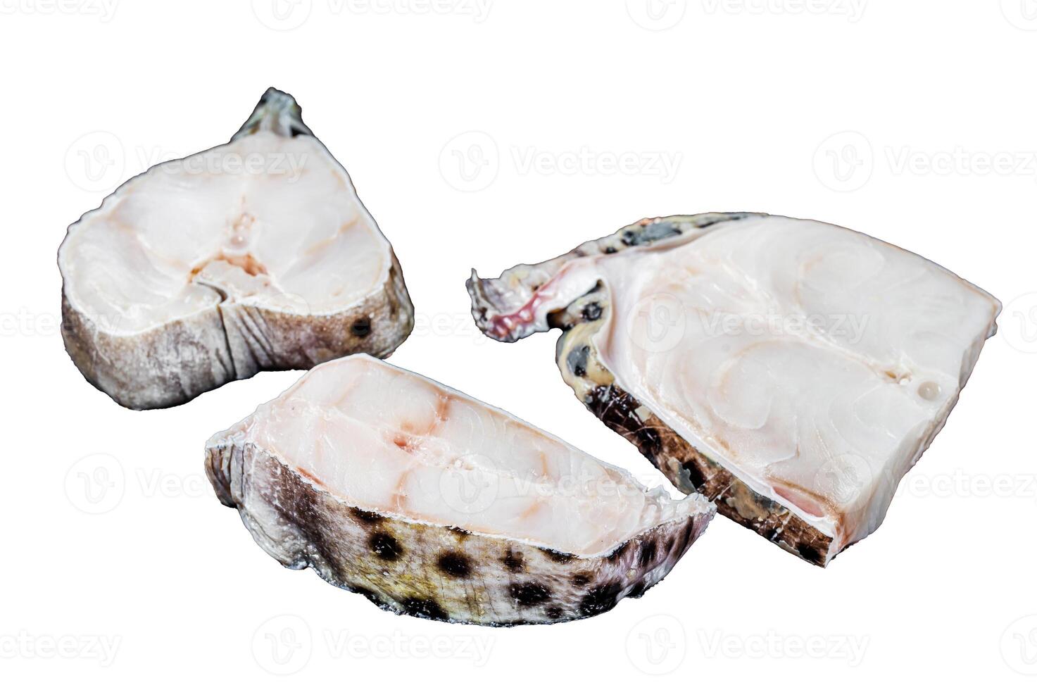 Raw atlantic wolffish fish Steak. Isolated on white background, top view. photo