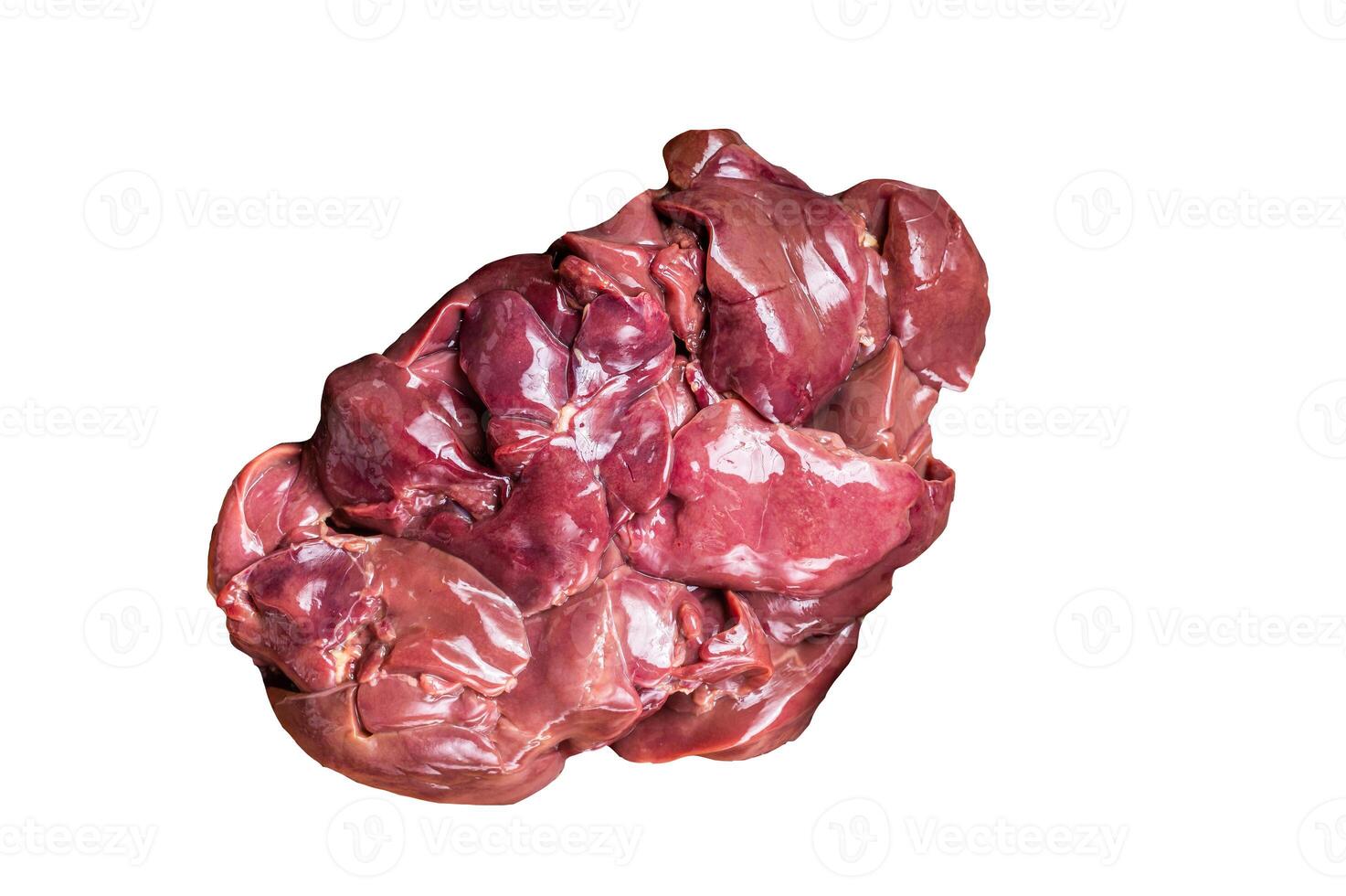 Raw chicken liver, fresh fowl giblets on wooden board. Isolated on white background. photo