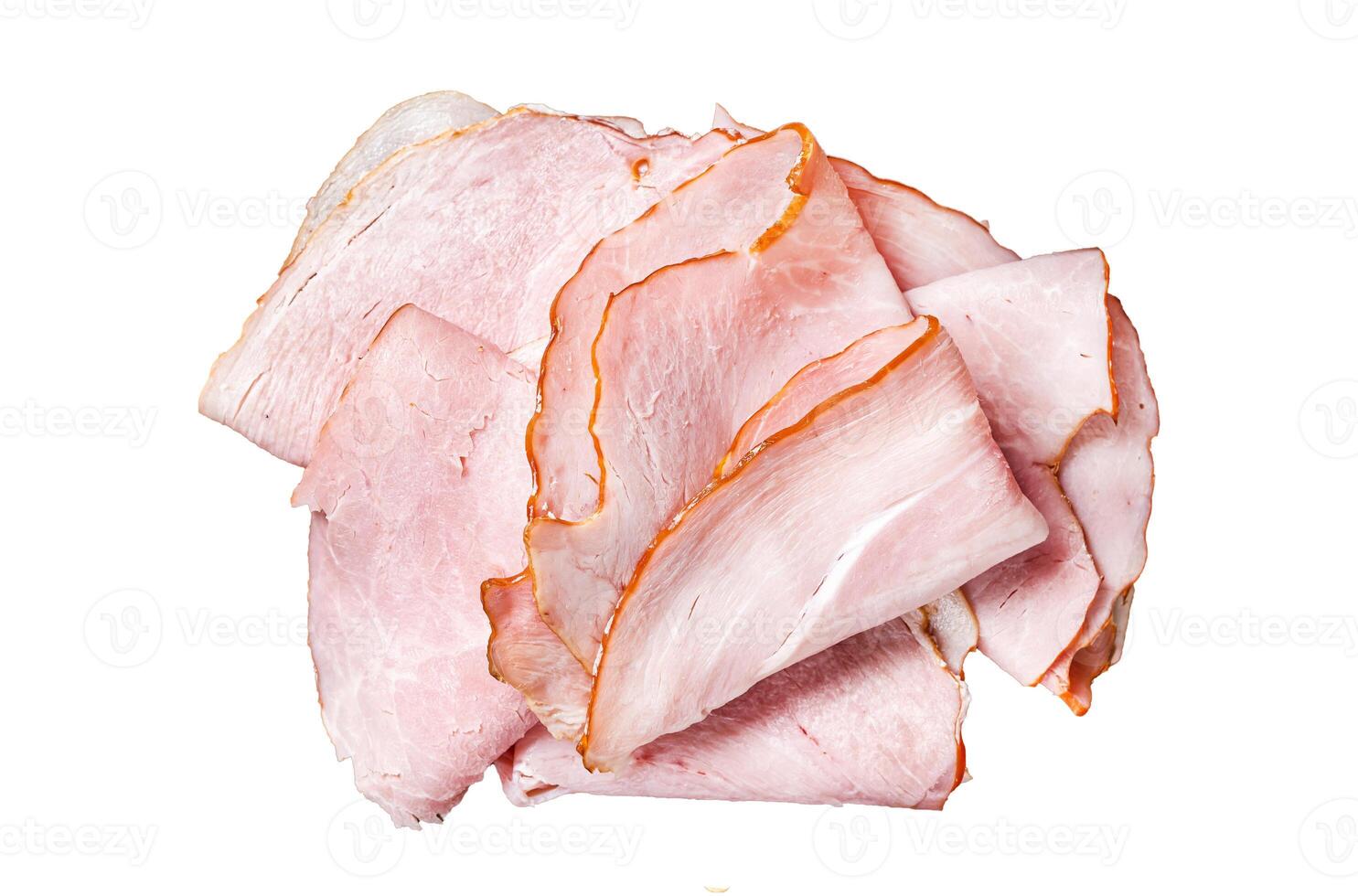 Pork ham slices on cutting board, Italian Prosciutto cotto. Isolated on white background, top view. photo