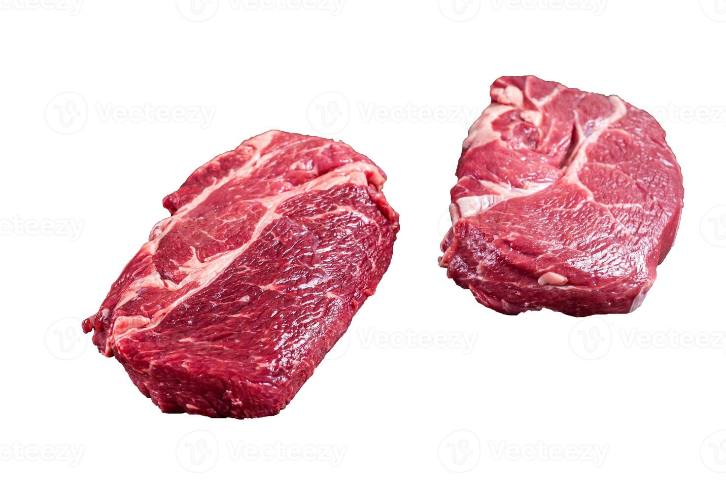 Raw Chuck eye roll beef steak on butcher table. High quality Isolate, white background. photo
