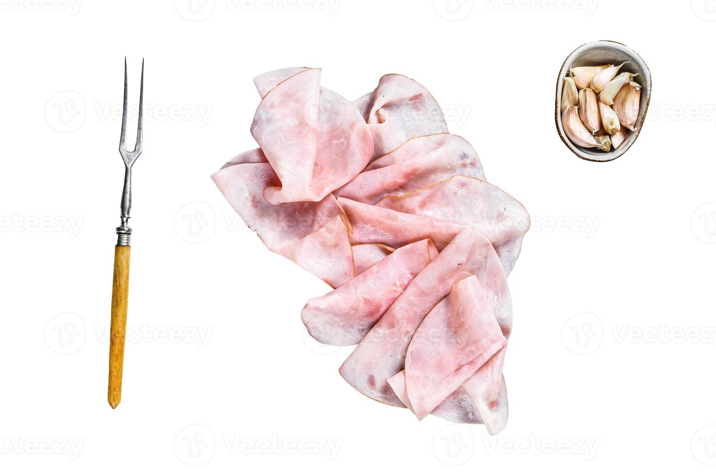 Ham Thin sliced Isolated on white background, top view. photo