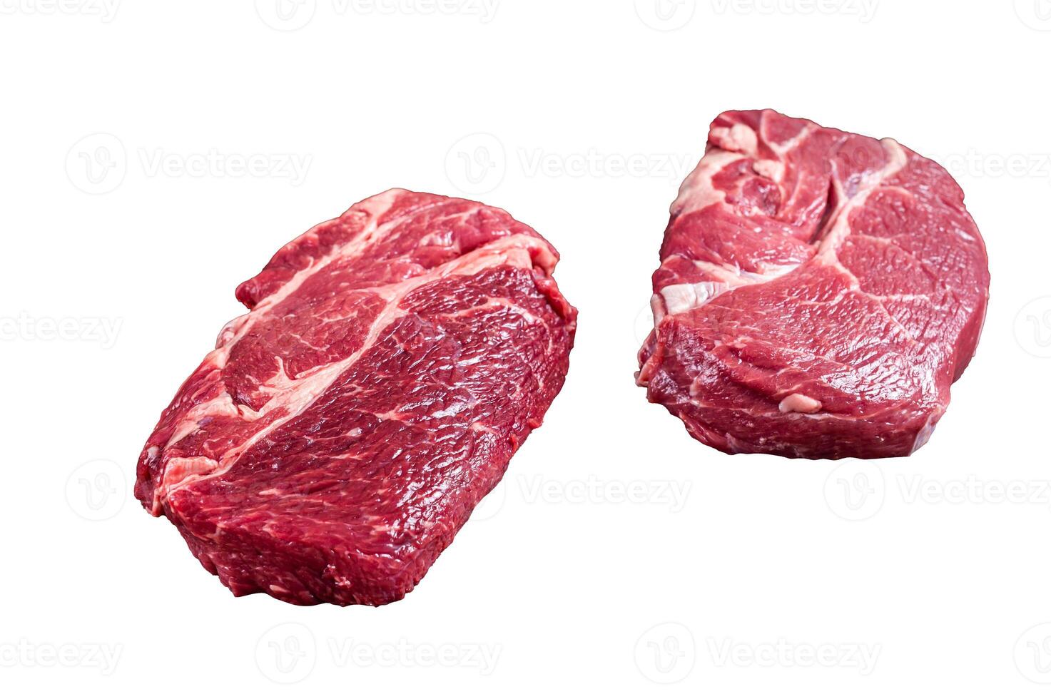 Raw Chuck eye roll beef steak on butcher table. Isolated on white background. photo