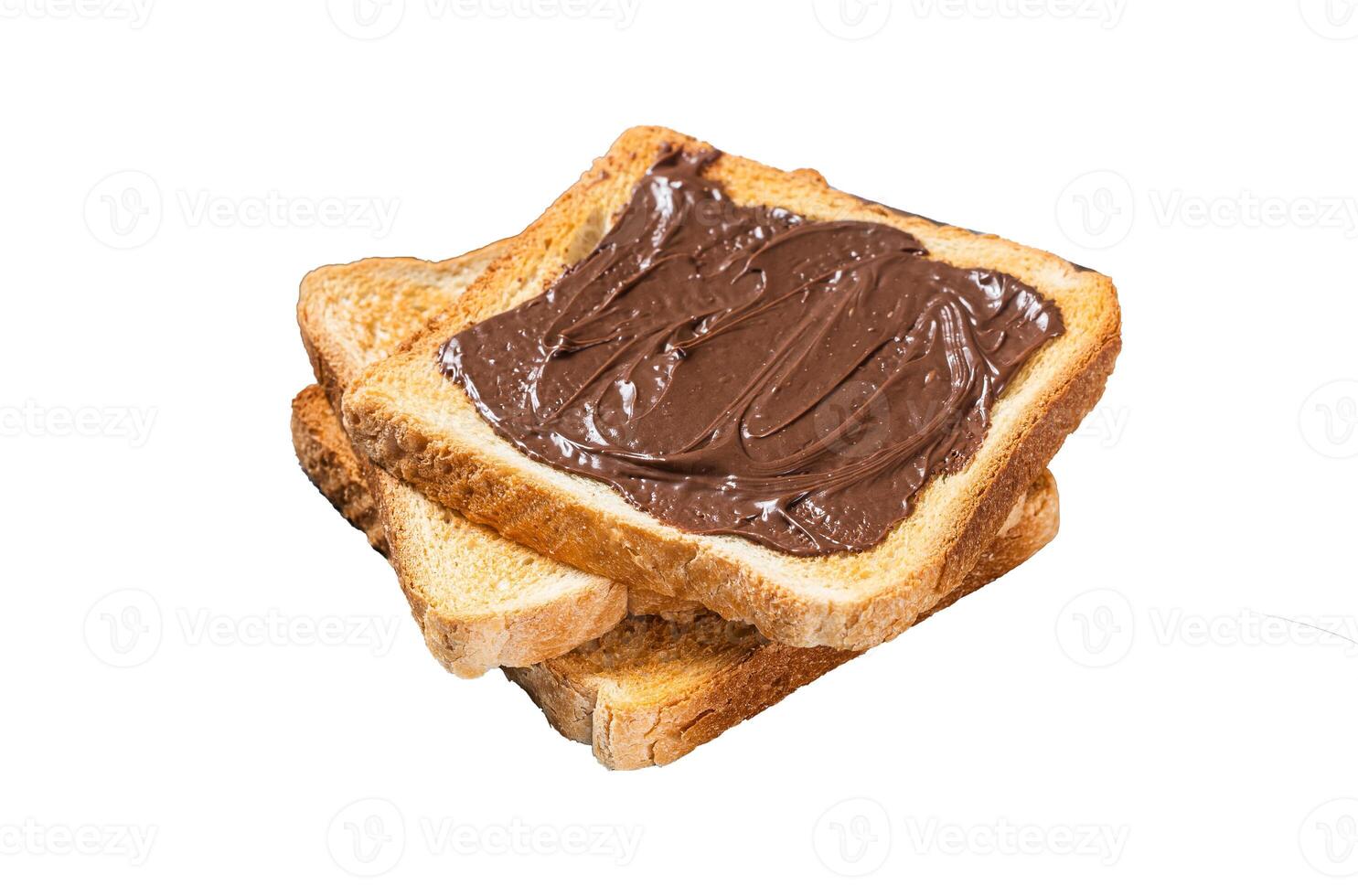 Toast with chocolate Hazelnut spread on wooden board. Isolated, white background. photo
