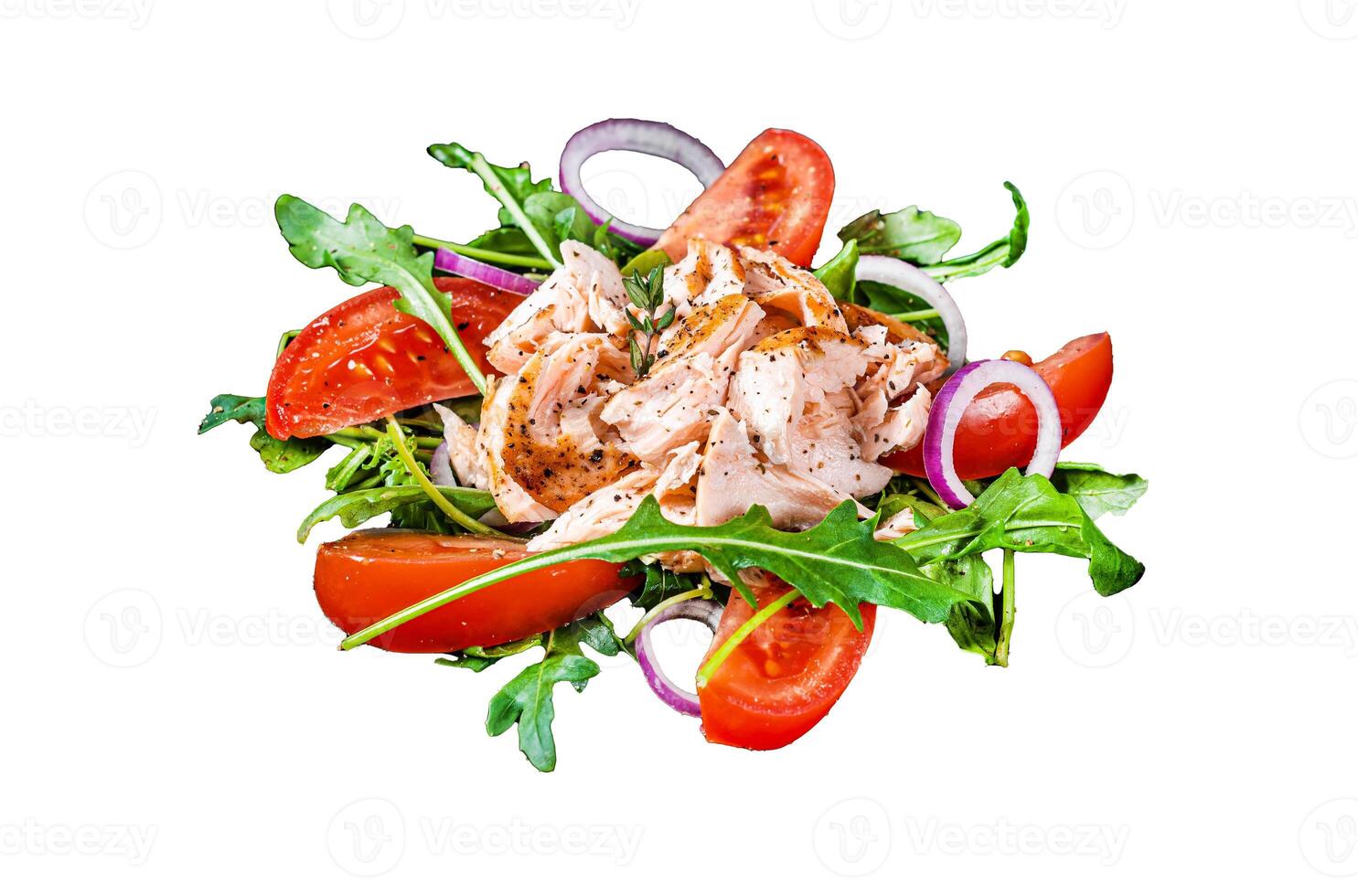 Salad with baked salmon fillet steak, fresh arugula and tomato Isolated on white background, top view. photo