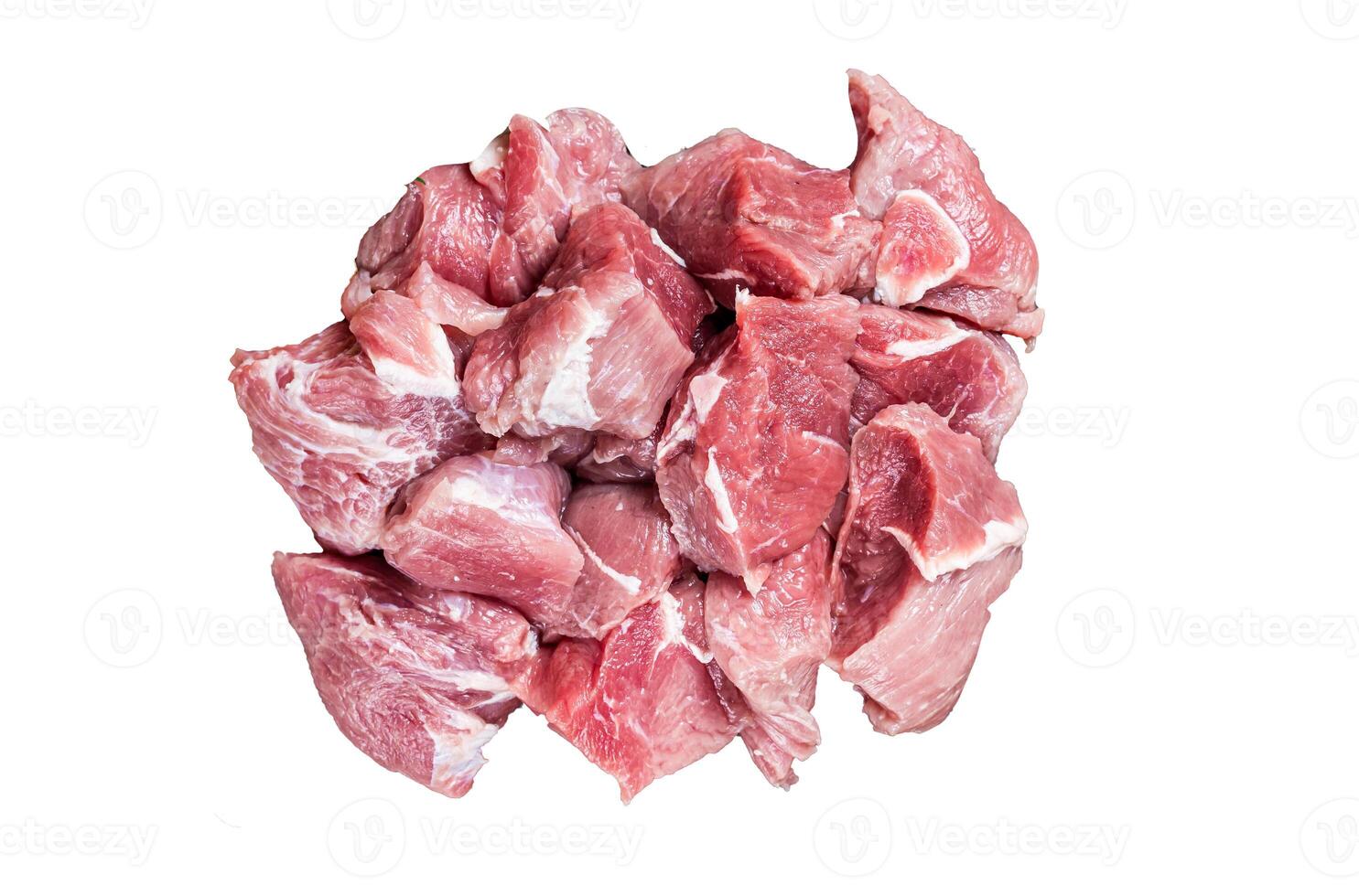 Fresh Raw Diced pork cubs meat with spices Isolated on white background, top view. photo