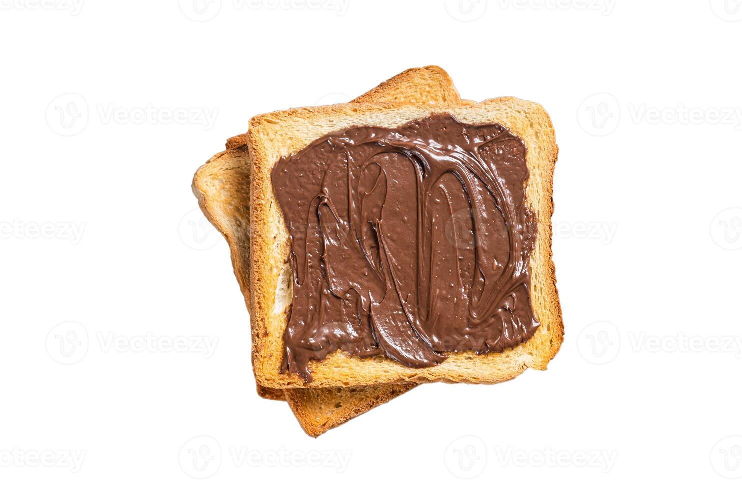 Toast with chocolate Hazelnut spread on wooden board. Isolated on white background photo