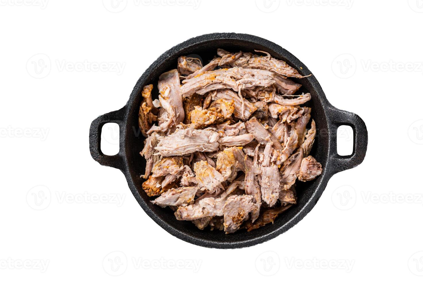 Slow shredded puilled pork meat in a pan with butcher knife. Isolated on white background. photo