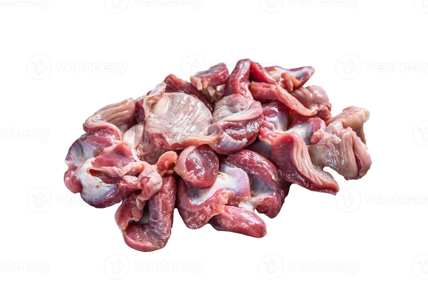 Raw uncooked chicken gizzards, stomach. Isolated on white background. photo