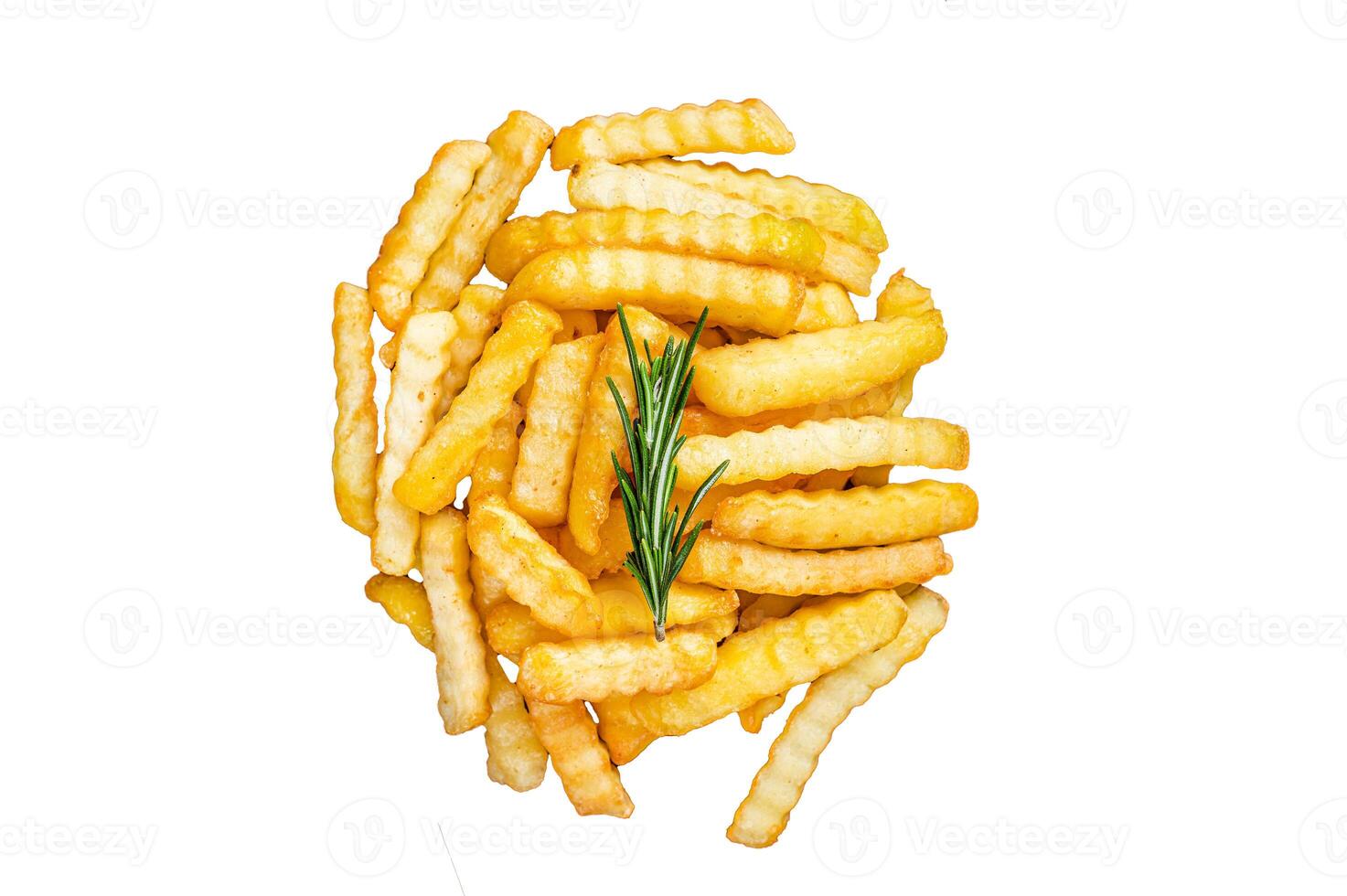 Fried Crinkle French fries potatoes or chips Isolated on white background, top view. photo