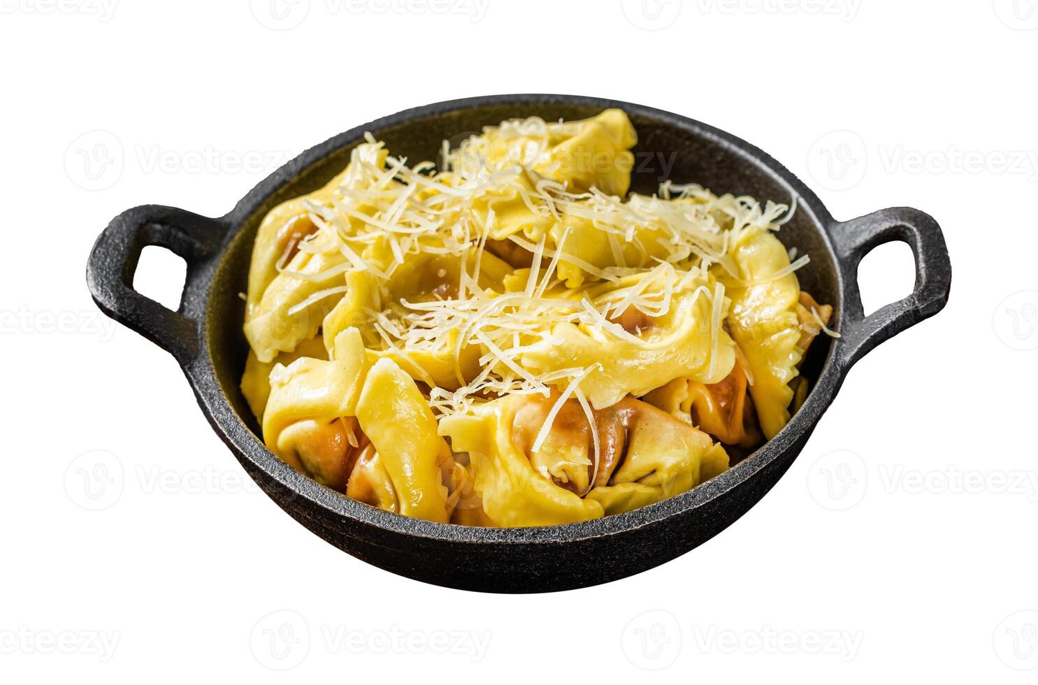 Ravioli Pasta with Mozzarella, parmesan cheese and Tomato. Isolated on white background, top view. photo