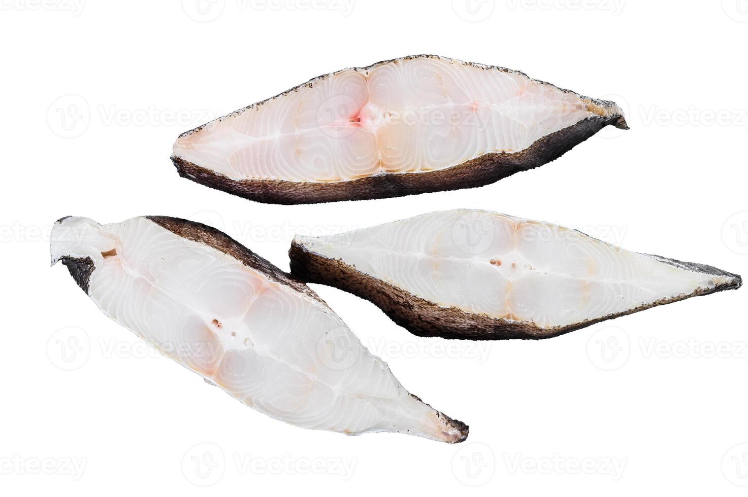 Raw fresh steak fish halibut Isolated on white background. Top view. photo