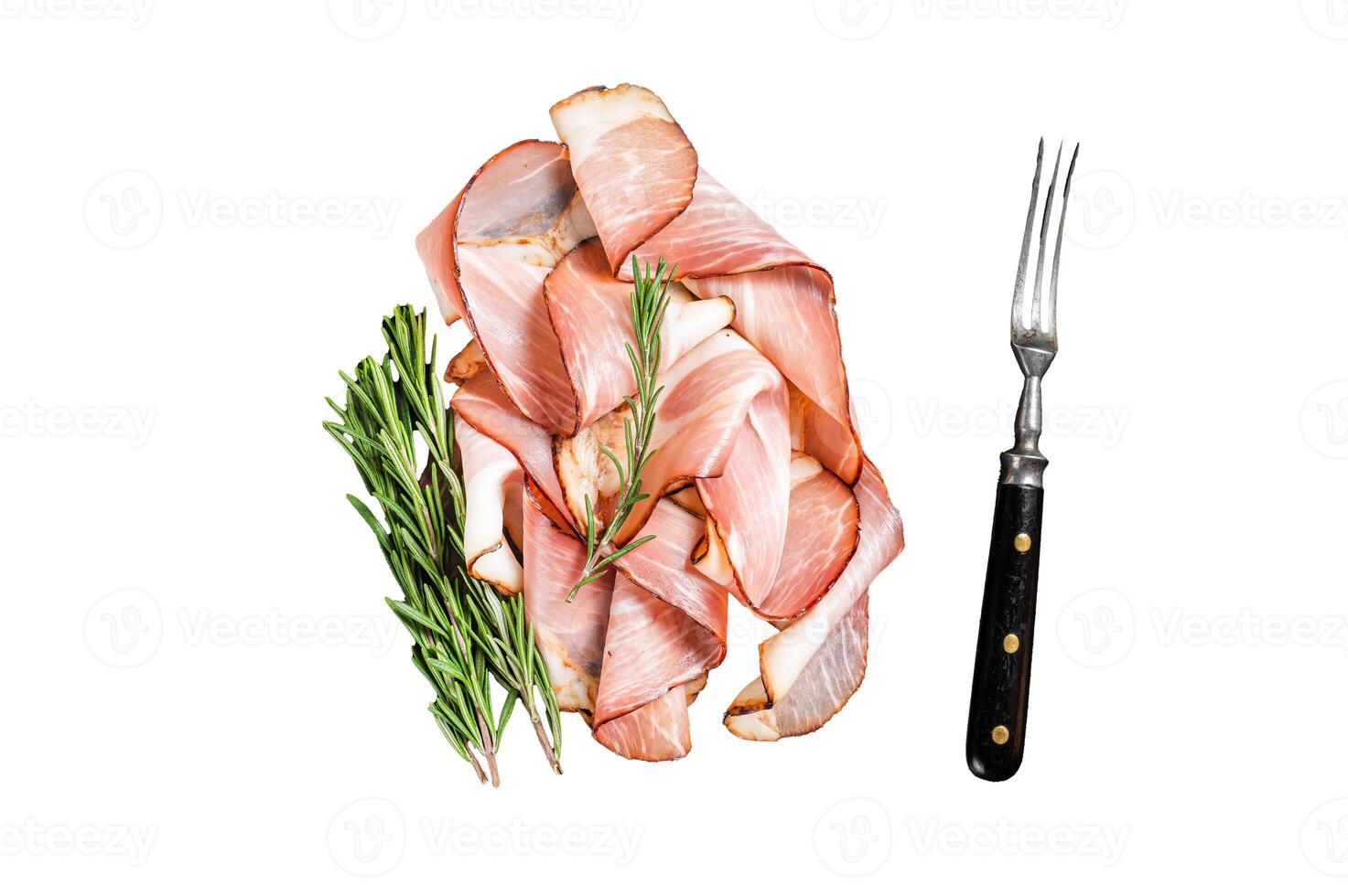 Pork Black Forest Ham Slices on marble board. Isolated, white background. photo