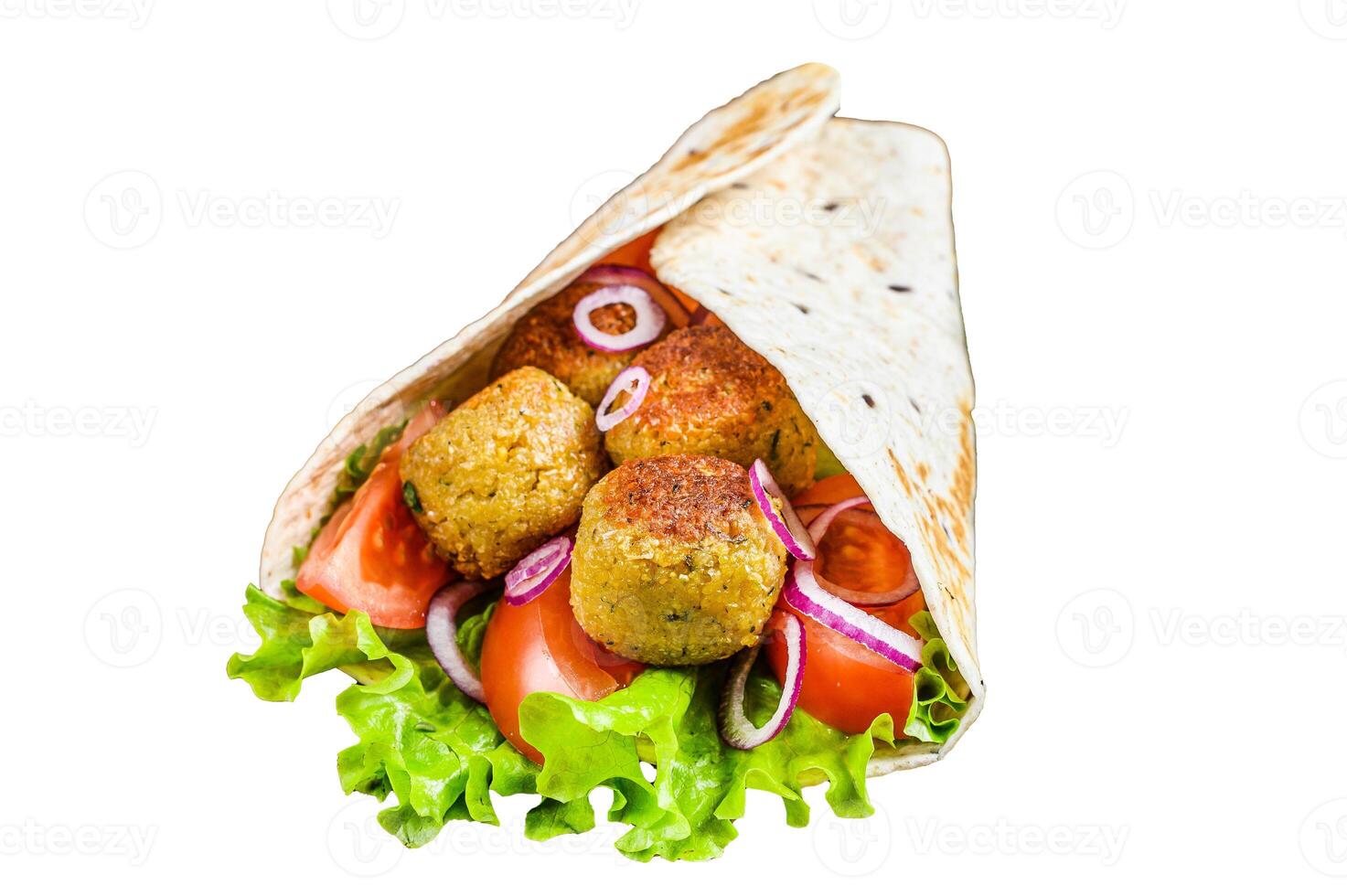 Vegetarian Tortilla wrap with falafel and fresh salad, vegan tacos. Isolated on white background, top view. photo