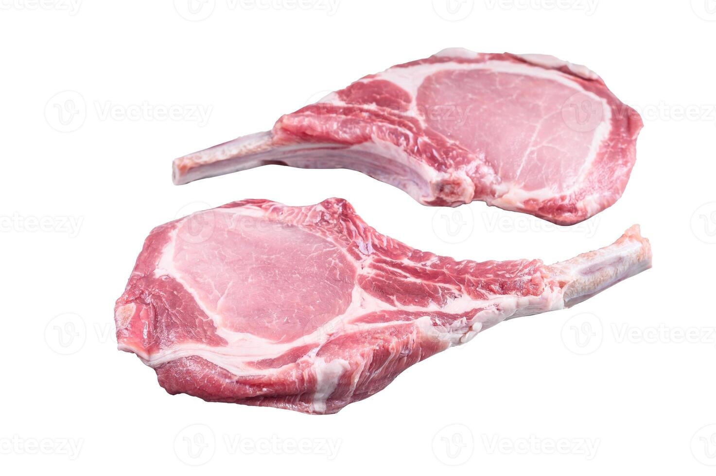 Raw dry aged tomahawk pork chop steak. Isolated on white background. photo