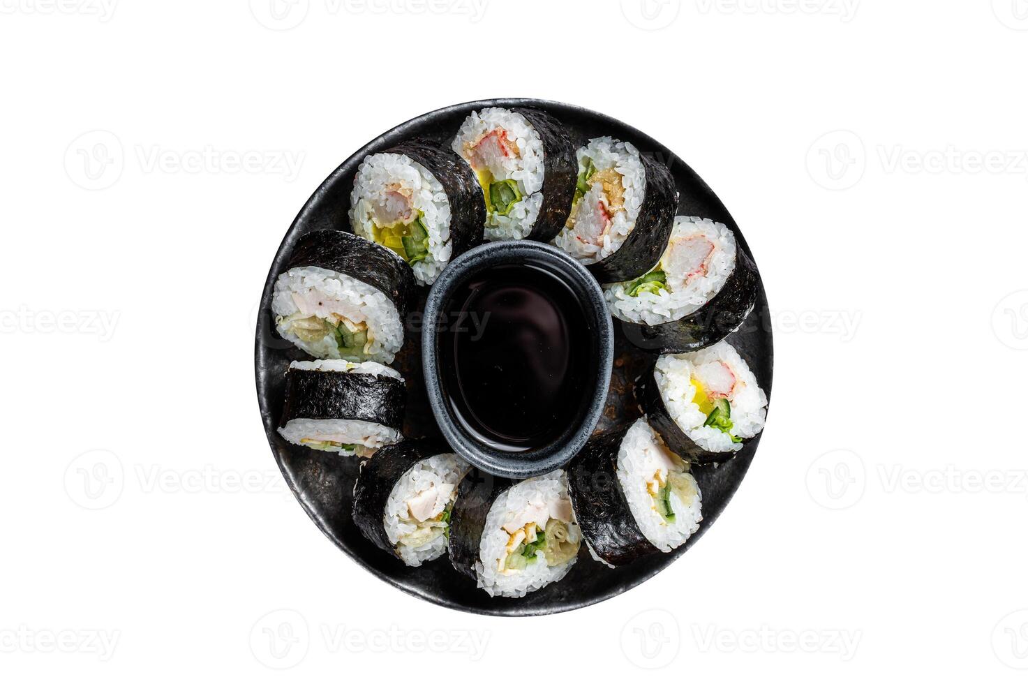 Korean rice roll Kimbap or gimbap made from steamed white rice. Isolated on white background. photo
